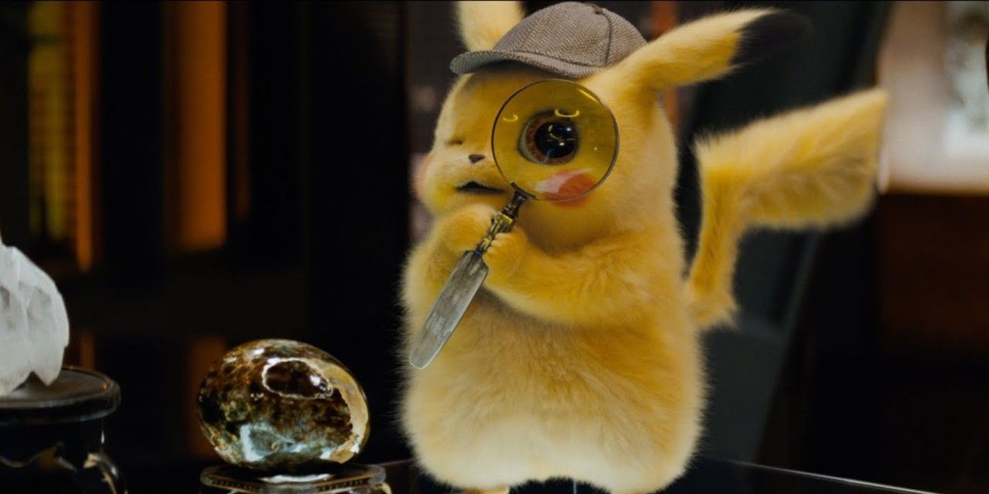 Detective Pikachu with a magnifying glass in the movie
