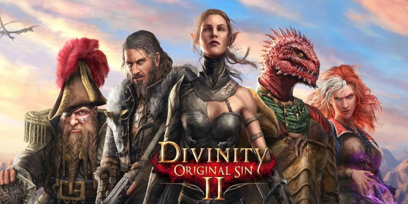 Arte promocional de Divinity: Original Sin II apresentando o grupo único de personagens.