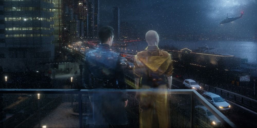 Doctor Strange and the Ancient One in their Astral Forms look out at New York