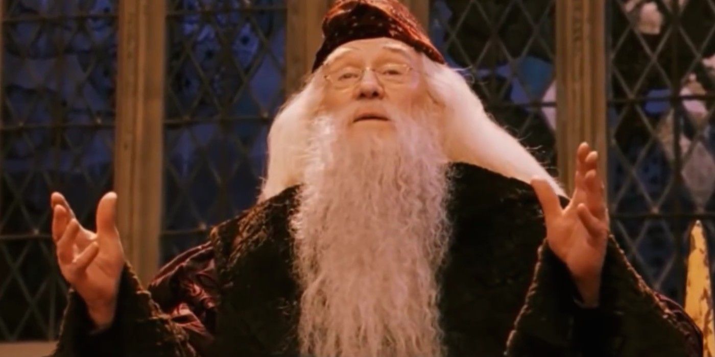 Dumbledore speaking in the great hall