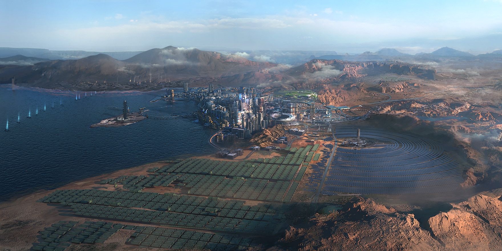 An aerial shot of Cyberpunk 2077's Badlands.