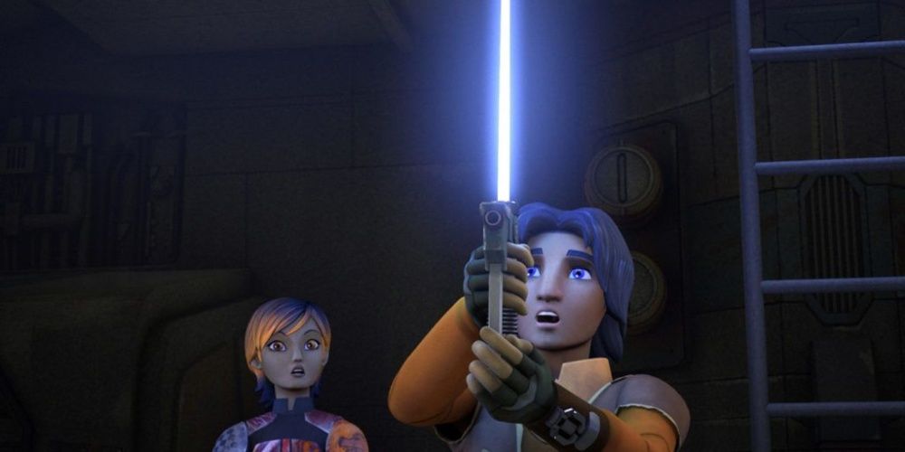 Ezra Bridger shows off his new Lightsaber to Sabine Wren Star Wars Rebels Path Of The Jedi
