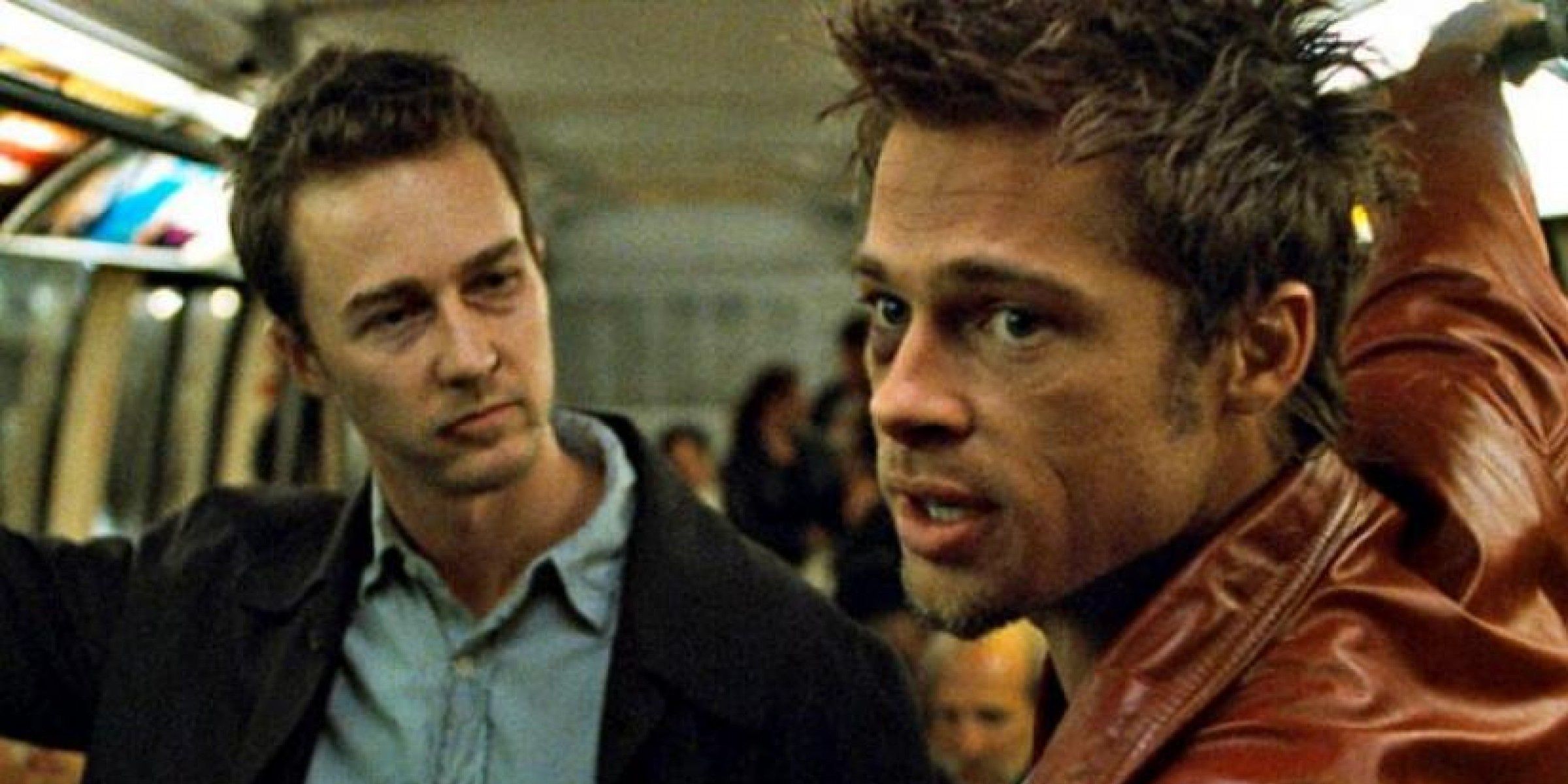 Edward Norton and Brad Pitt riding on a bus in Fight Club