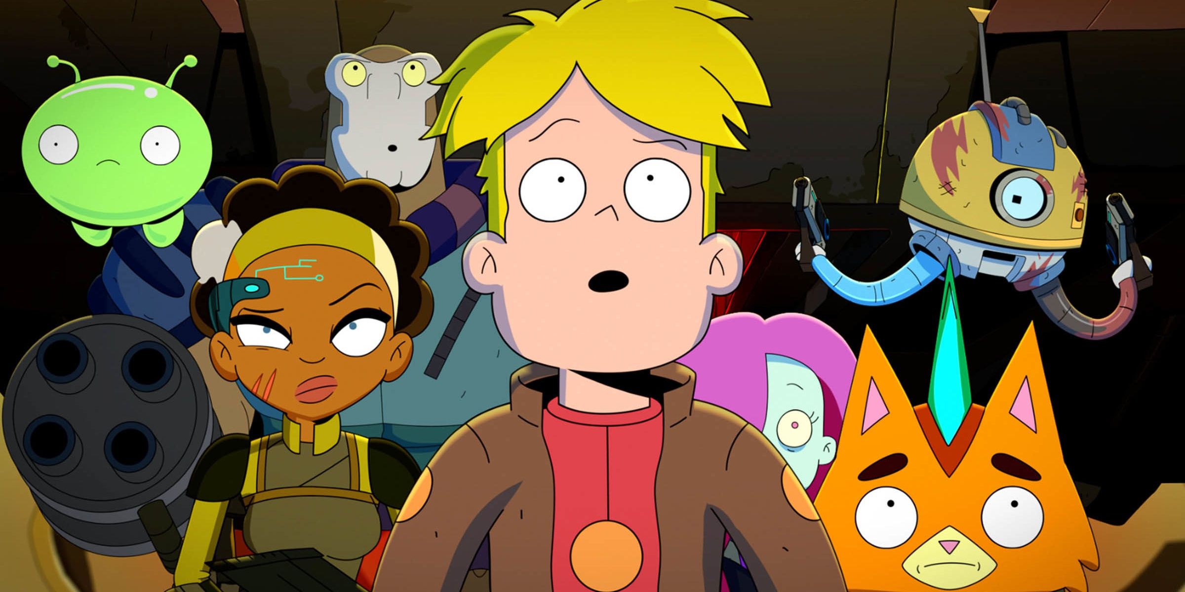 The main characters of Final Space looking at something in surprise