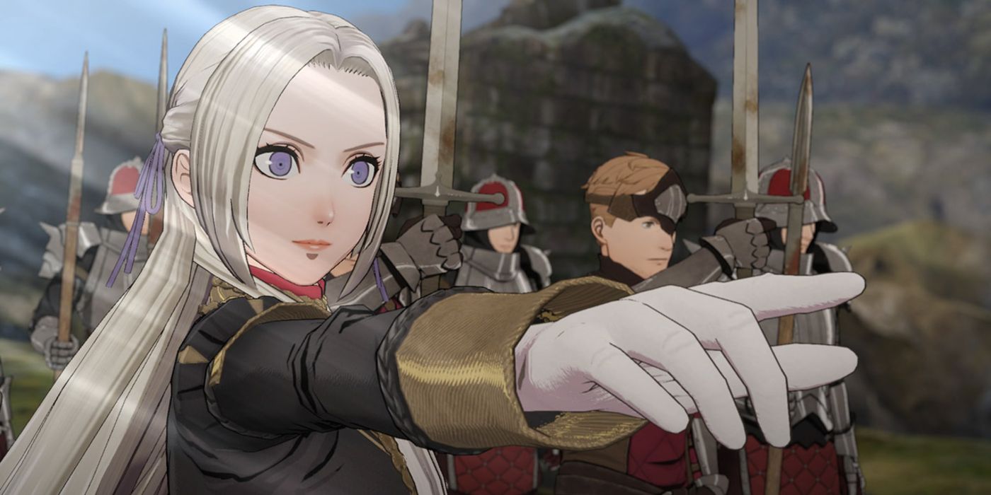 White haired Edelhard leads a charge of knights in Fire Emblem Three Houses.