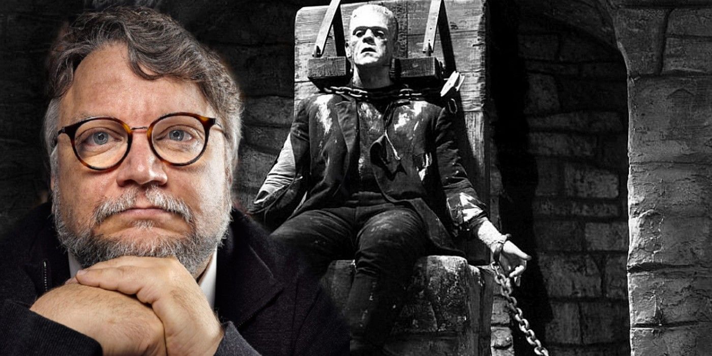 Guillermo del Toro looking serious in front of a black and white Frankenstein