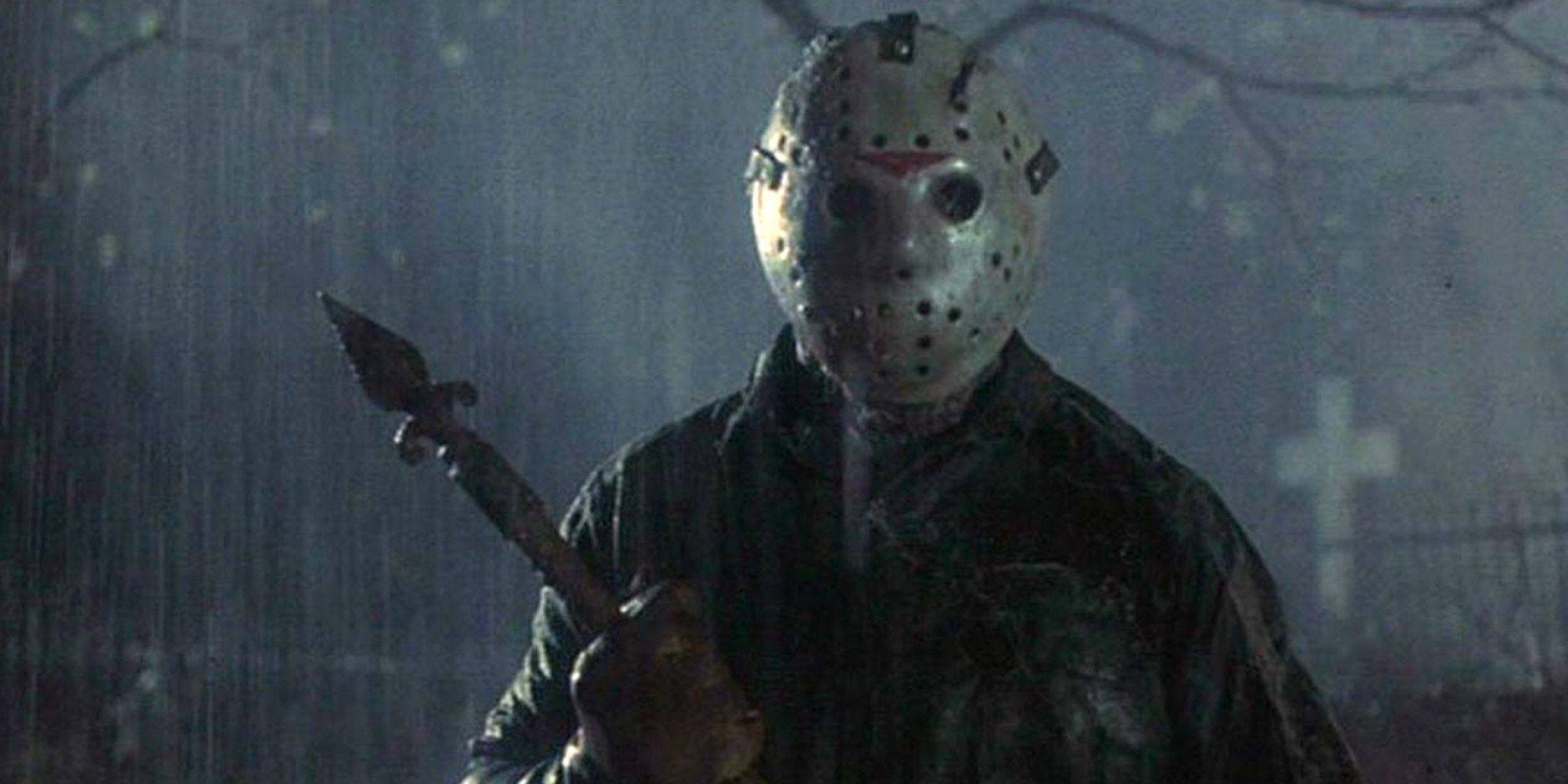 Jason Voorhees uses a fence post after reawakening in the cemetery in Friday the 13th Jason Lives