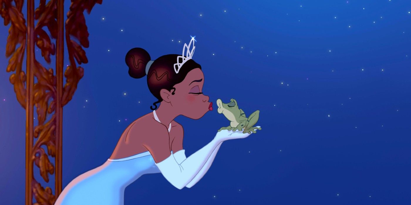 Tiana kissing Frog in Disney's The Princess and the Frog