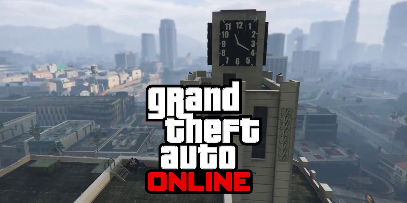 The logo for GTA Online superimposed over Los Santos and a building with a clock at the top
