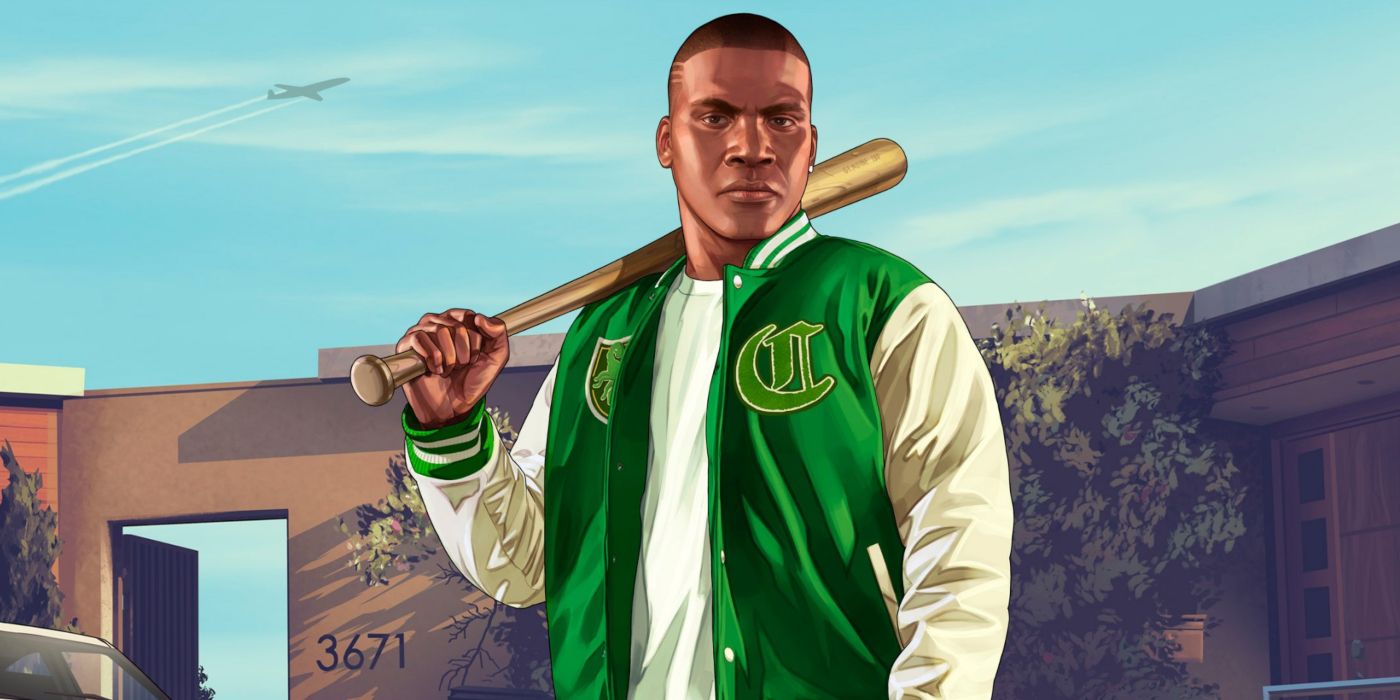 Franklin em Grand Theft Auto V com uma jaqueta verde e segurando um taco de beisebol.