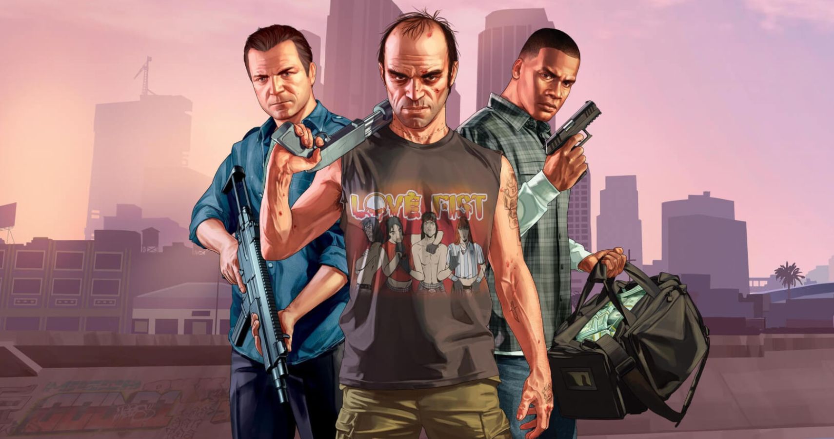 An image of Michael, Trevor, and Franklin in GTA V