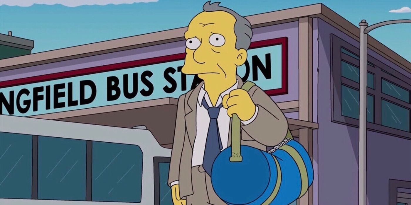 Gil Gunderson looking sad while carrying a bag in The Simpsons.