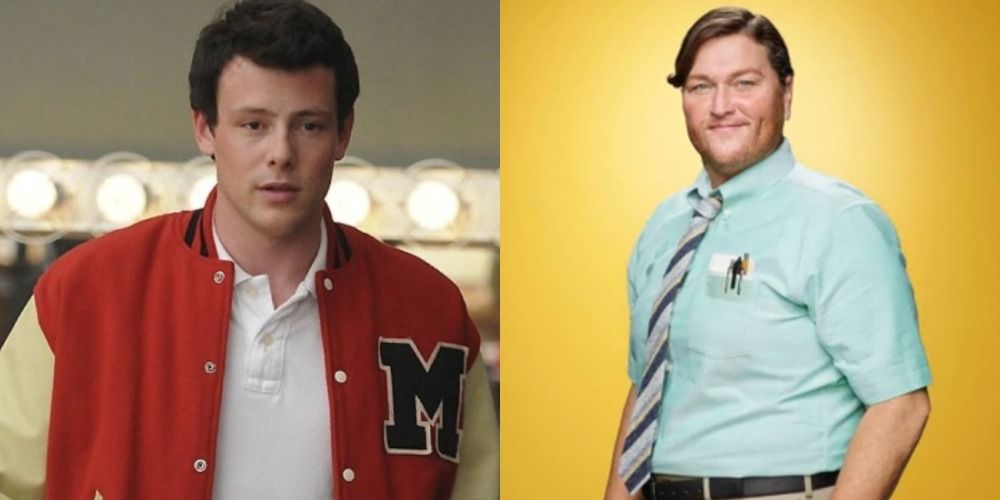 A split image features glee characters Finn Hudson and Sheldon Beiste