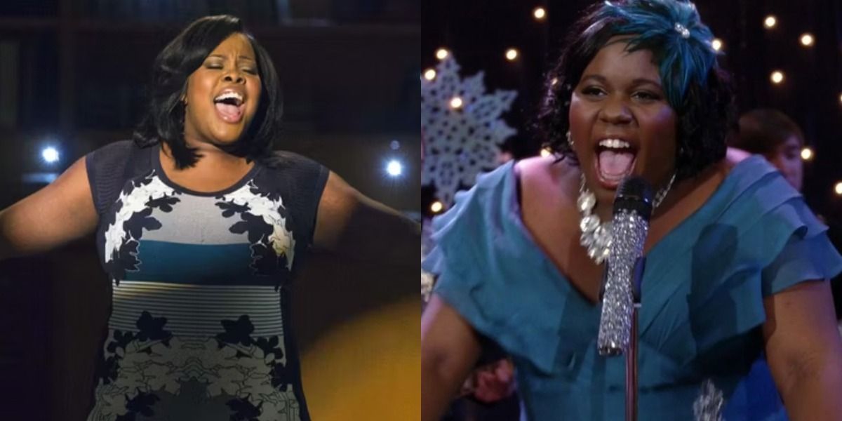 A split image features Glee characters Mercedes and Unique performing