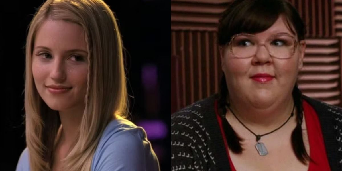 A split image depicts Glee characters Quinn Fabray and Lauren Zises