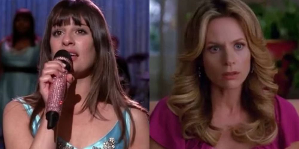 A split image features Glee characters Rachel and Terri