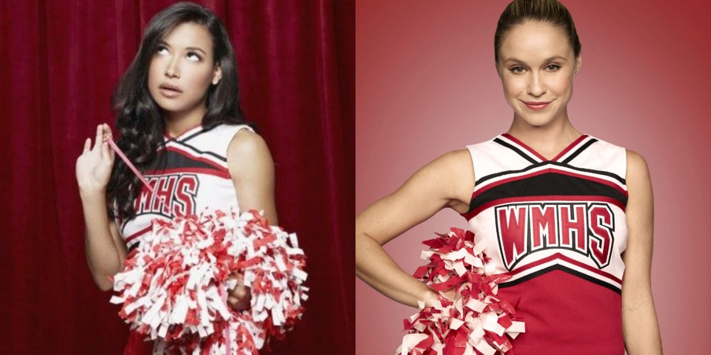 A split image depicts Santana and Kitty in promotional shoots for Glee
