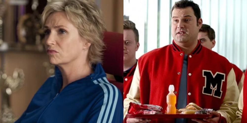 A split image features Glee characters Sue Sylvester and Dave Karofsky
