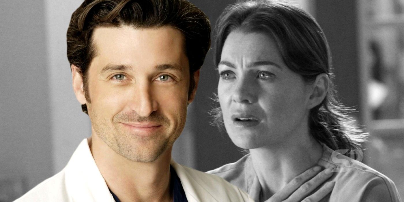 A blended image features Patrick Dempsey as Derek Shepherd in color and Ellen Pompeo as Meredith Grey in black and white in Grey's Anatomy