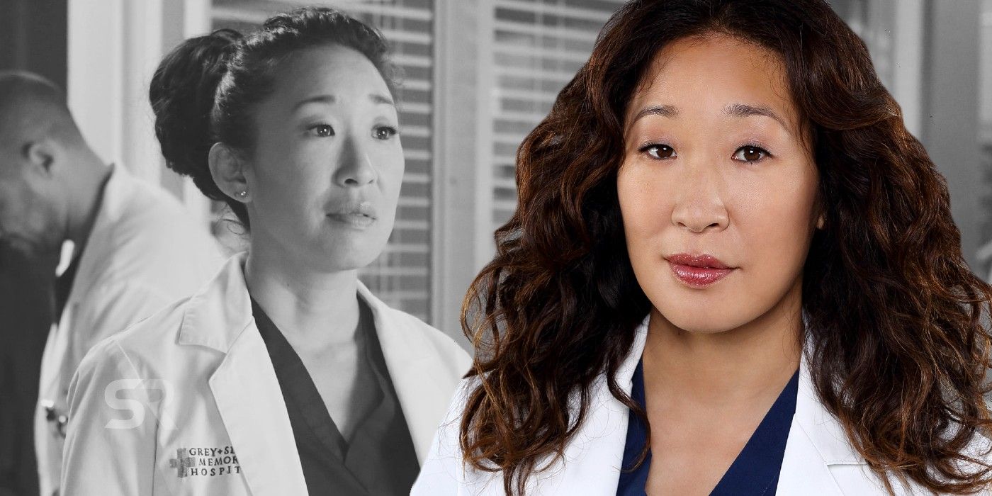 Split side-by-side image of Cristina Yang in black-and-white and in color on Grey's Anatomy