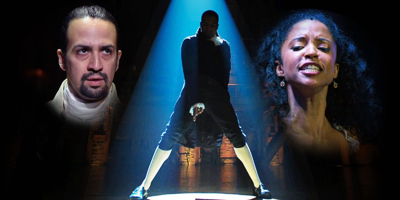 A blended image features Lin Manuel Miranda as Alexander Hamilton, Leslie Odom Jr. as Aaron Burr, and Renee Elise Goldsberry as Angelica Schuyler