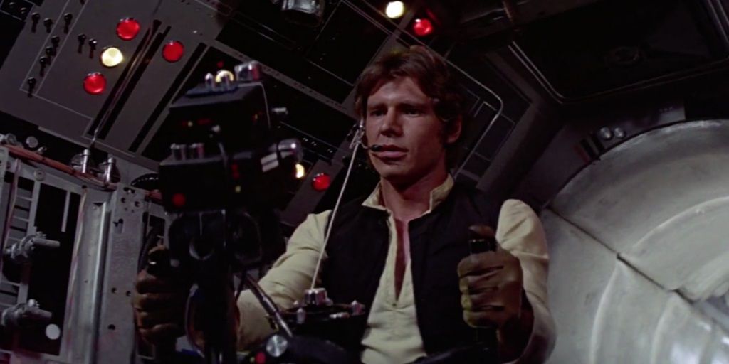 Han Solo piloting the Millennium Falcon in Star Wars