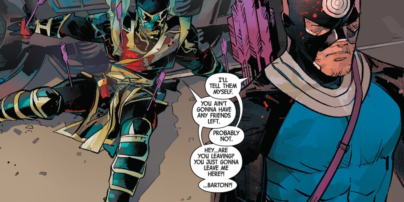 Hawkeye leaves Bullseye wounded in Marvel Comics.