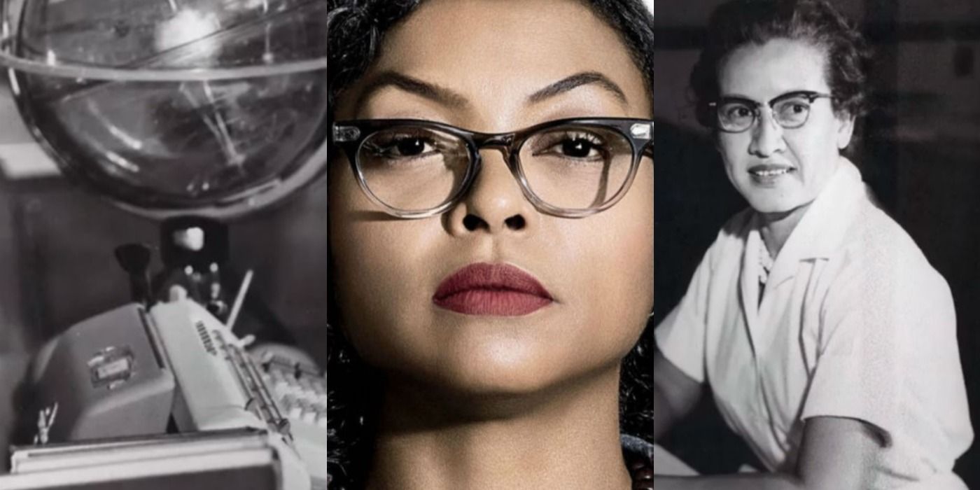 A closeup of Taraji P. Henson as Katherine Johnson in HIdden Figures is set in the middle of an image of the real Katherine Johnson at her typewriter at NASA