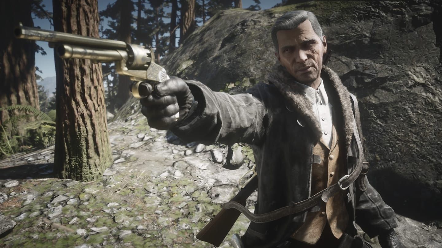 Hosea apontando uma arma para alguém fora da tela em RDR2