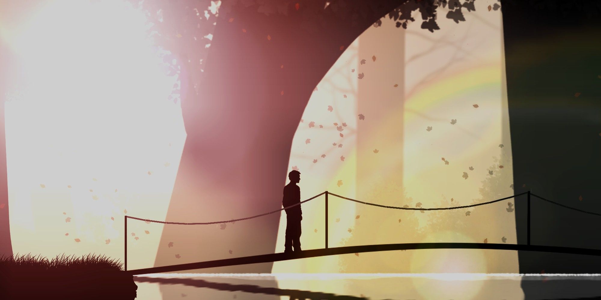 John walks over a bridge in front of a waterfall and rainbow in indie adventure Into A Dream