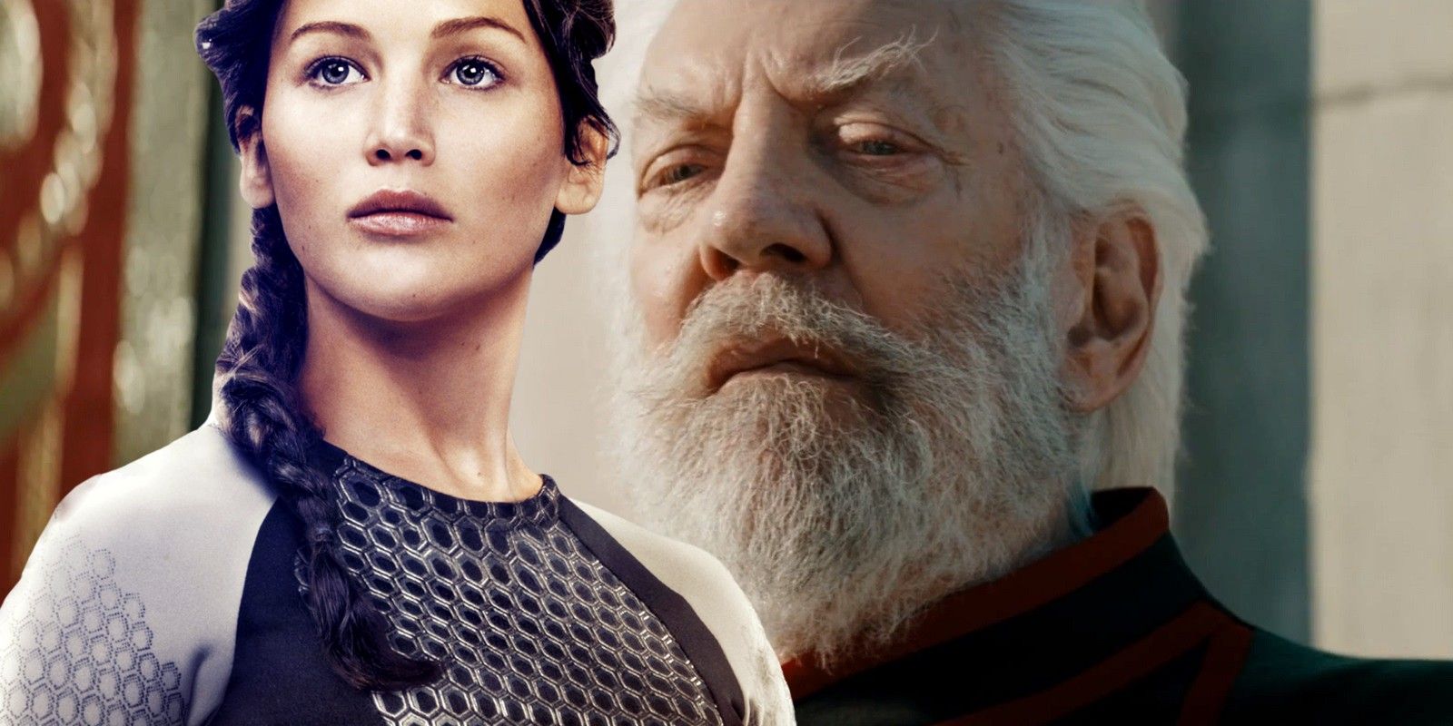 A blended image features Jennifer Lawrence as Katniss Everdeen and Donald Sutherland as Coriolanus Snow in The Hunger Games franchise