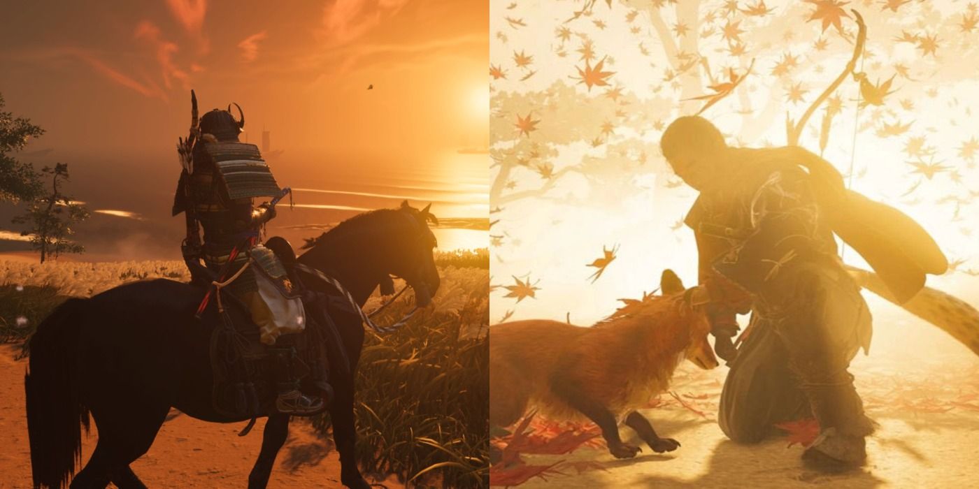 A split image of Jin riding a horse and petting a fox in Ghost of Tsushima.