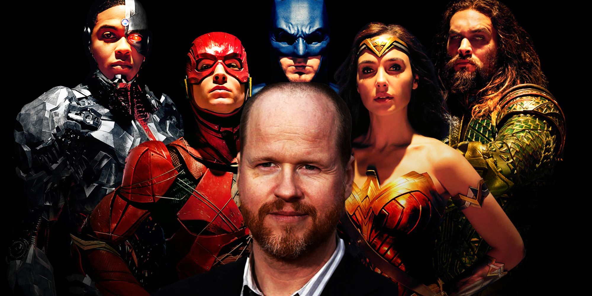 Joss Whedon in front of the Justice League