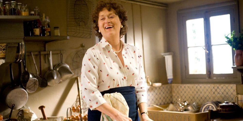 Meryl Streep as Julia Childs in the kitchen in Julie and Julia