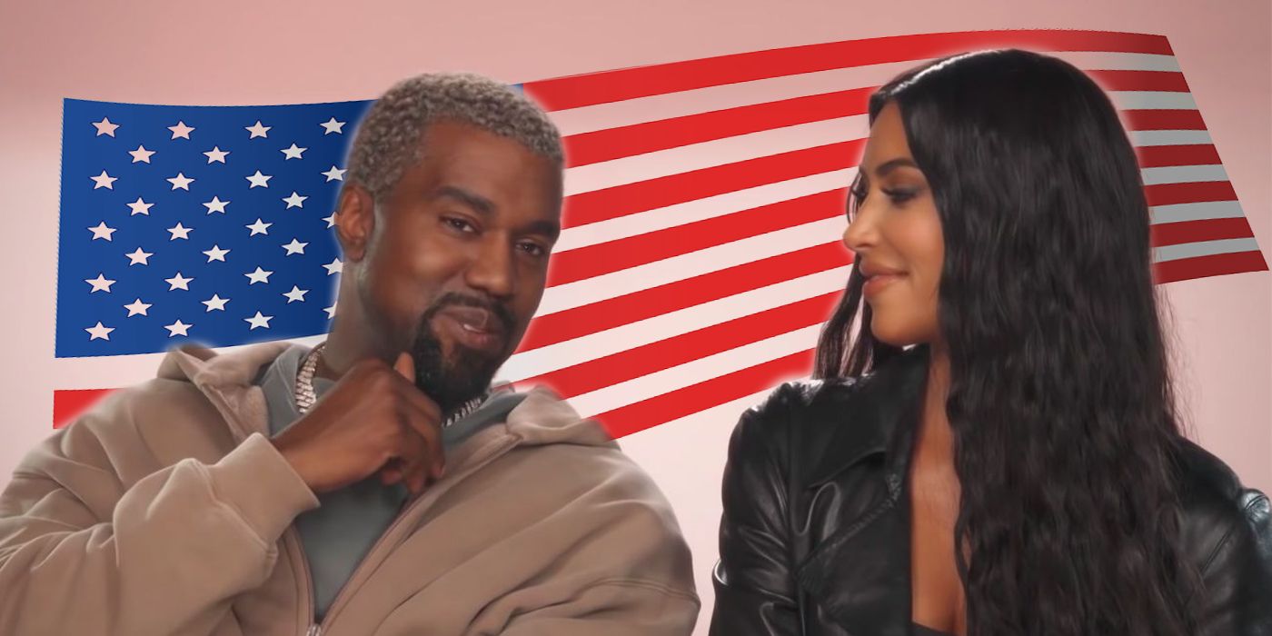 KUWTK Kim Kanye Presidential Race smiling at each other in front of American flag