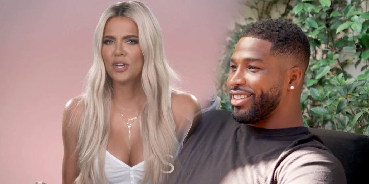 Khloe Kardashian e Tristan Thompson montagem de Khloe em top branco e Tristan em camisa escura de KUWITK