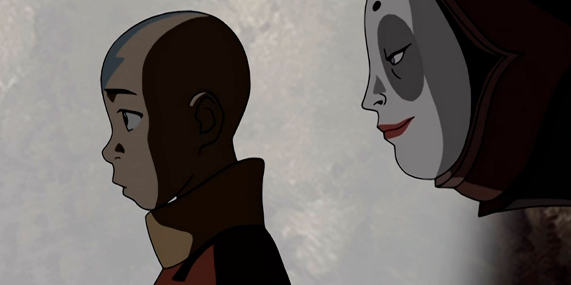 Koh usando um rosto feminino pintado atrás de Aang na animação Avatar: The Last Airbender