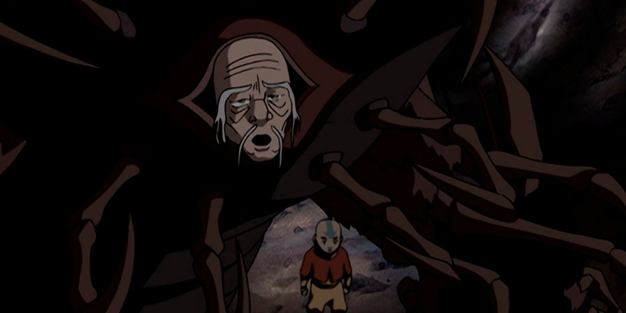 Koh usando o rosto de um homem mais velho enquanto caminhava acima de Aang no Mundo Espiritual em Avatar The Last Airbender
