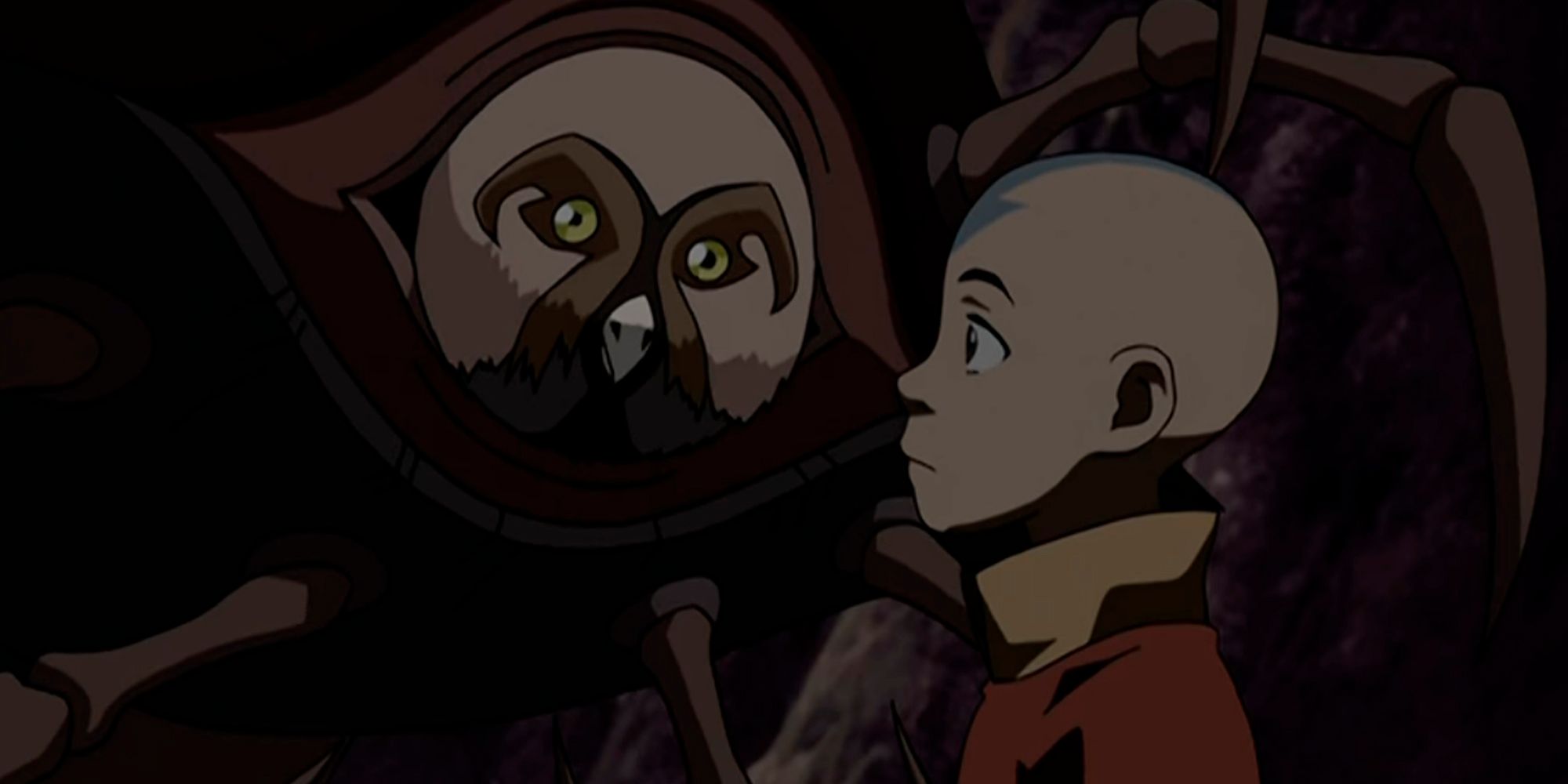 Koh, o Ladrão de Rostos, usando uma cara de coruja enquanto conversa com Aang em Avatar The Last Airbender