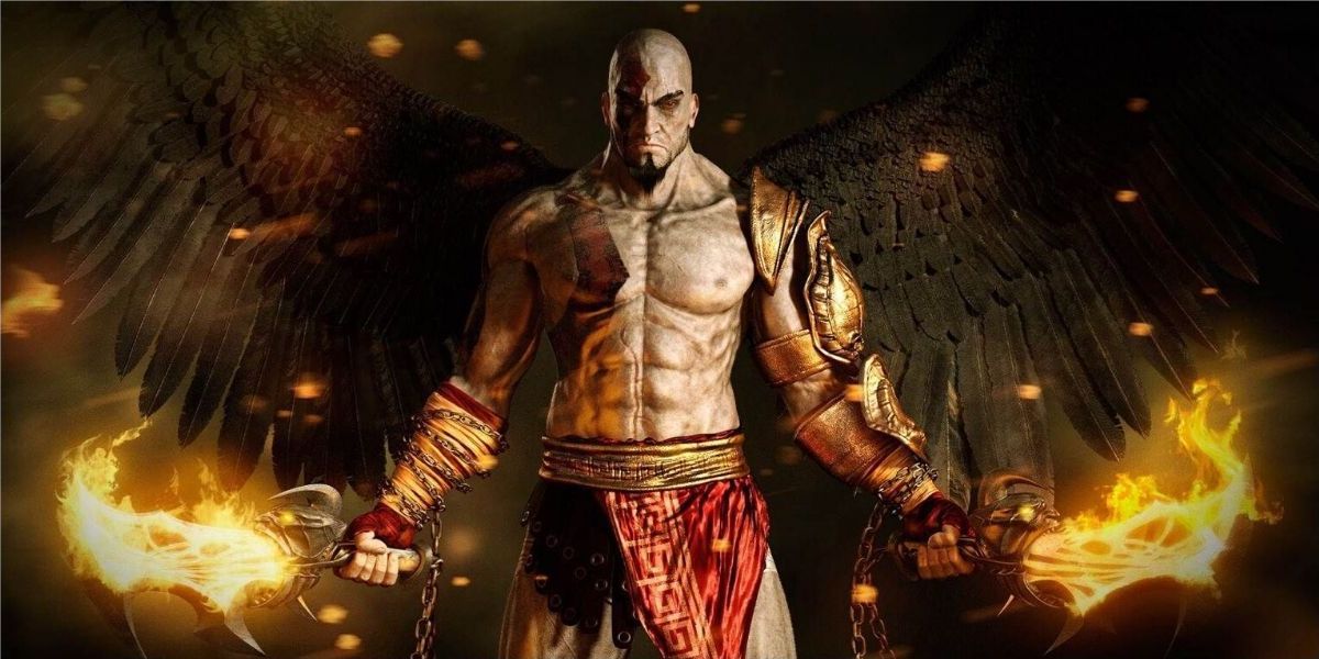 Kratos wielding the firey blades of Chaos from God of War