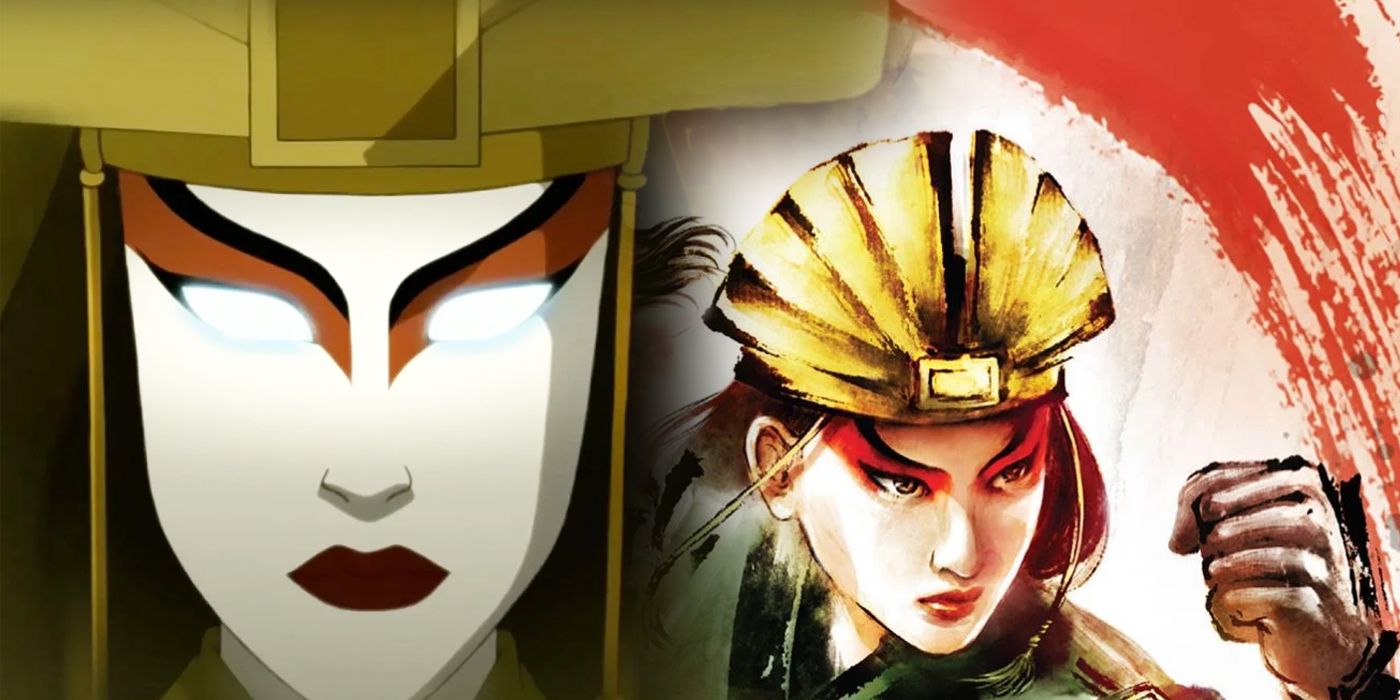 Imagem mesclada de Kyoshi em ATLA e na capa de The Rise of Kyoshi.
