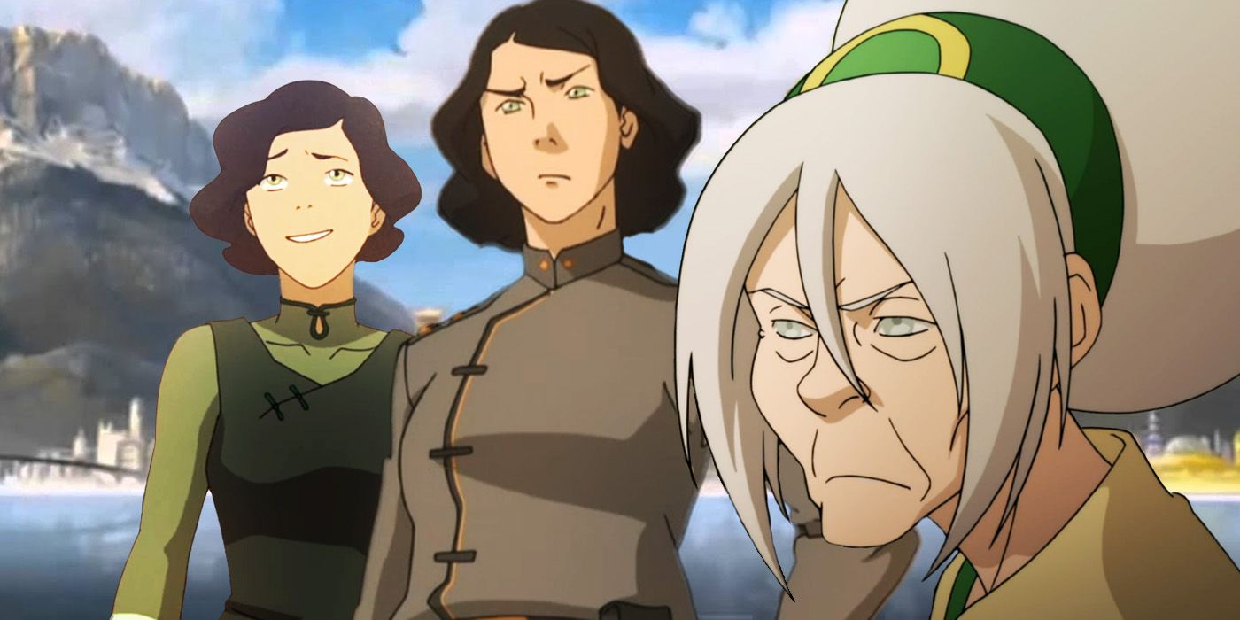 Toph looks away from her daughters Lin and Suyin in shame in The Legend of Korra.
