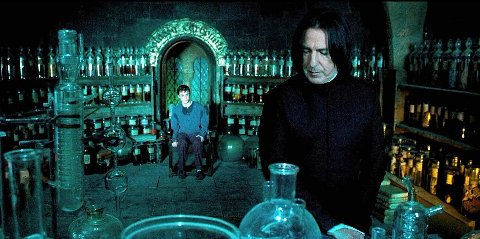 Harry sits behind Snape in his potion's office in Harry Potter and the Order of the Phoenix