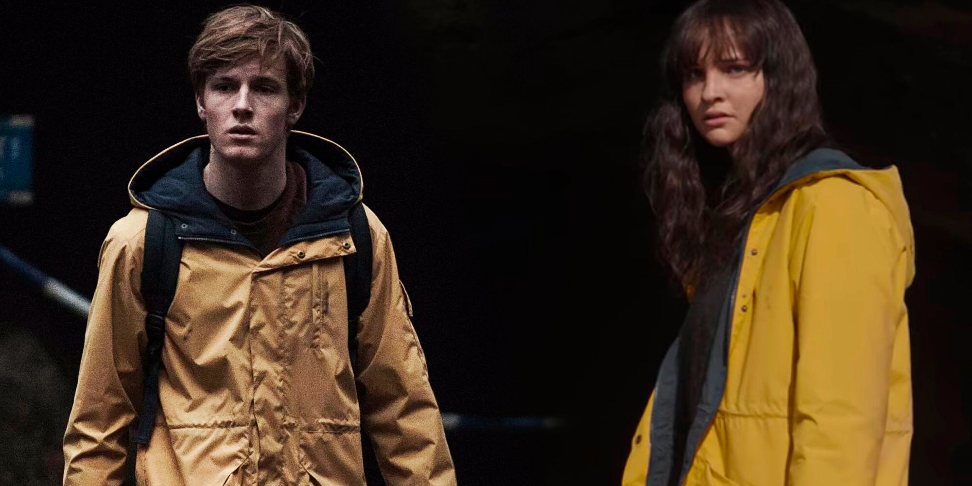 Louis Hofmann as Jonas and Lisa Vicari as Martha on Netflix Dark season 3 share a yellow coat
