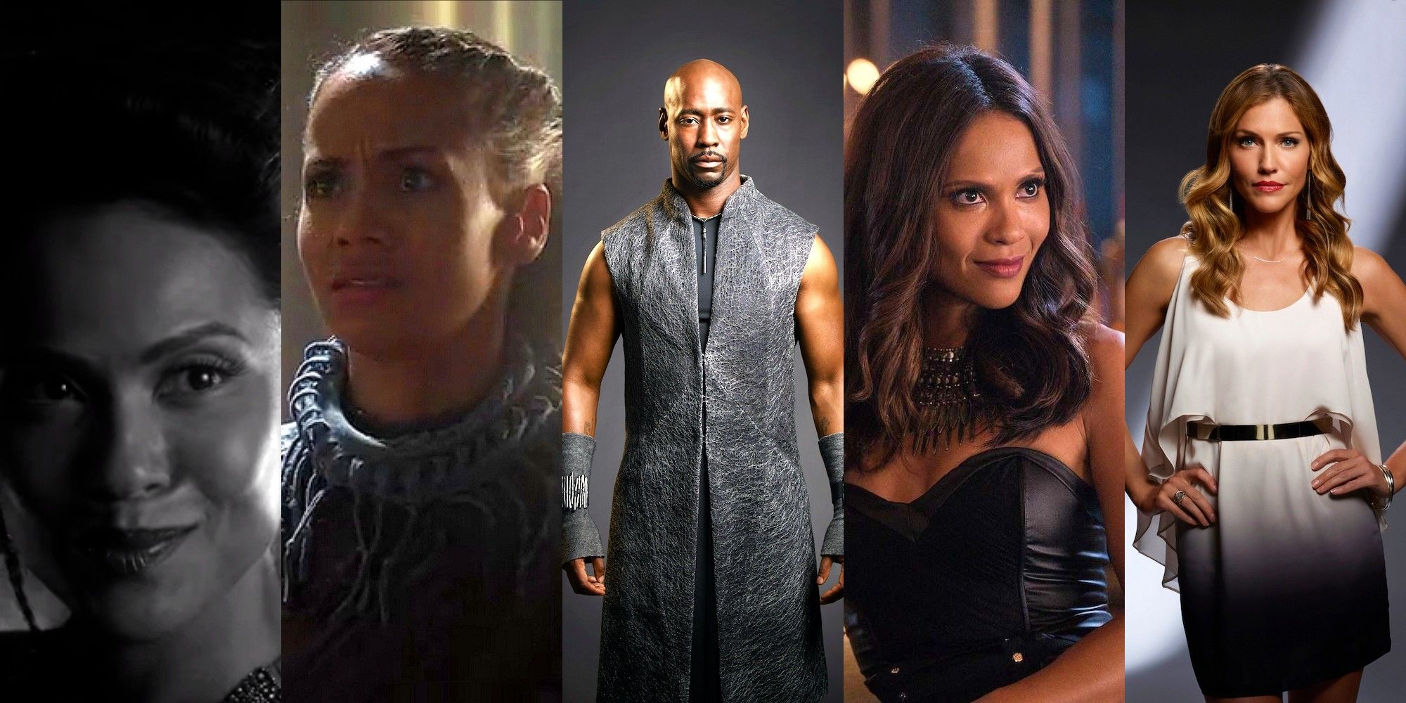 Side by side images feature the Lucifer characters Lilith, Raziel, Amenadiel, Mazikeen, and Goddess