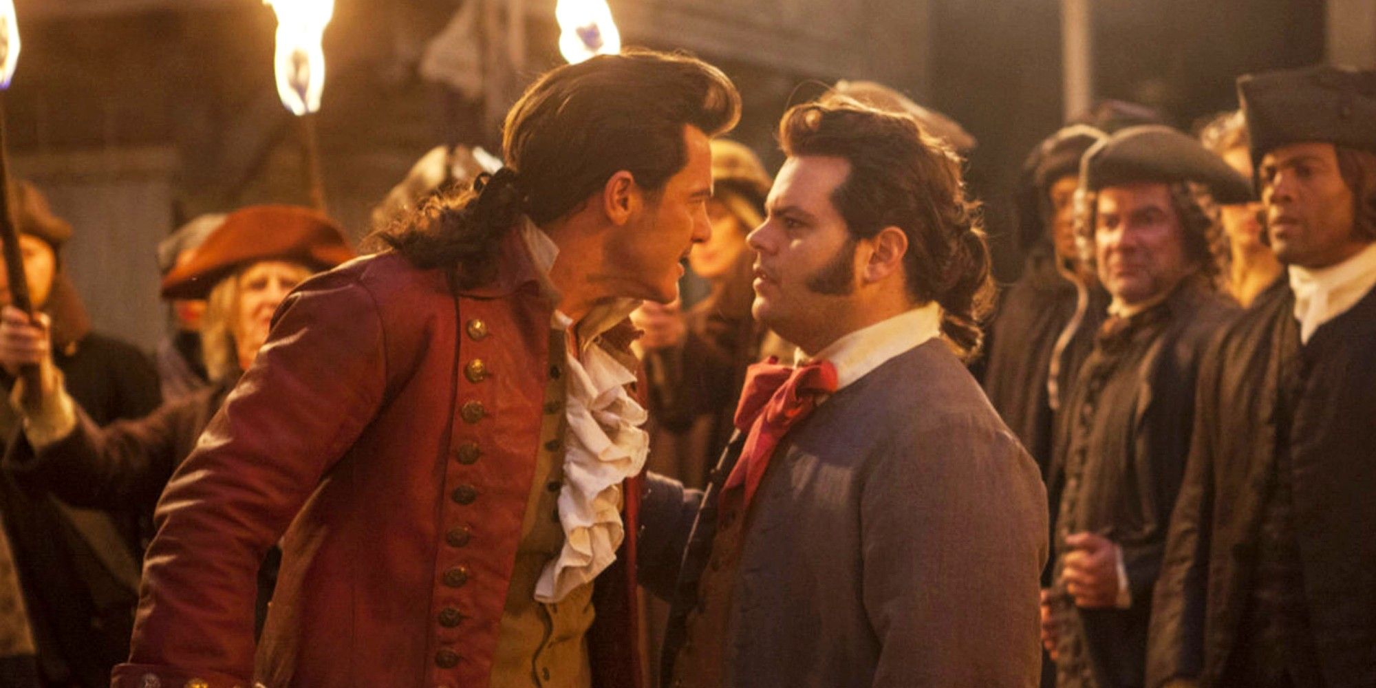 Luke Evans as Gaston and Josh Gad as LeFou in Beauty and the Beast