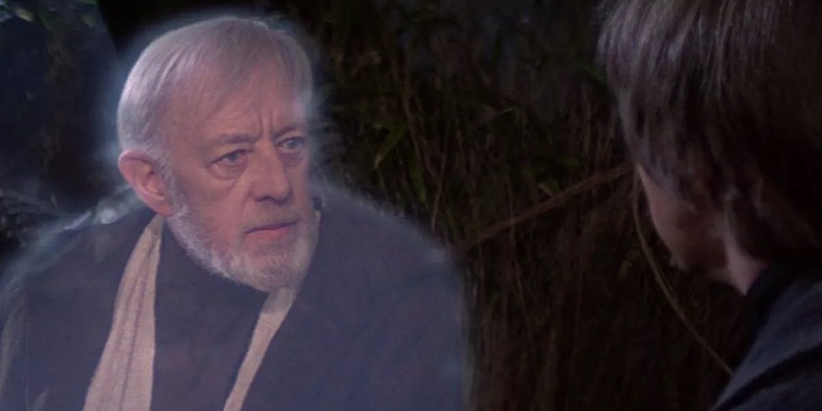 Obi-Wan appears to Luke as a Force spirit on Dagobah and talks to him about his father being Darth Vader in Return of the Jedi