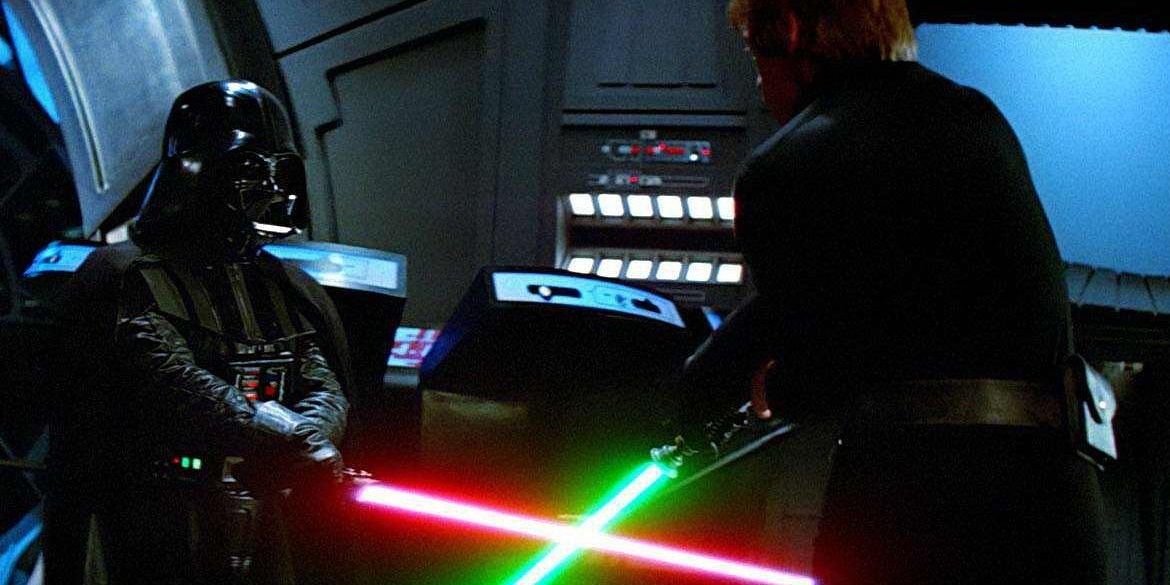 Luke Skywalker and Darth Vader duel on the Death Star in Return of the Jedi