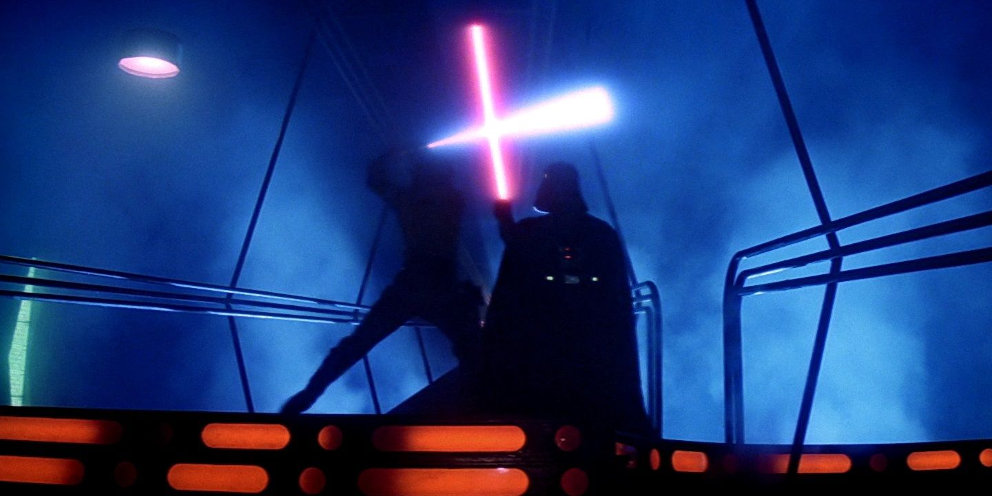Luke and Darth Vader fight with lightsabers in The Empire Strikes Back
