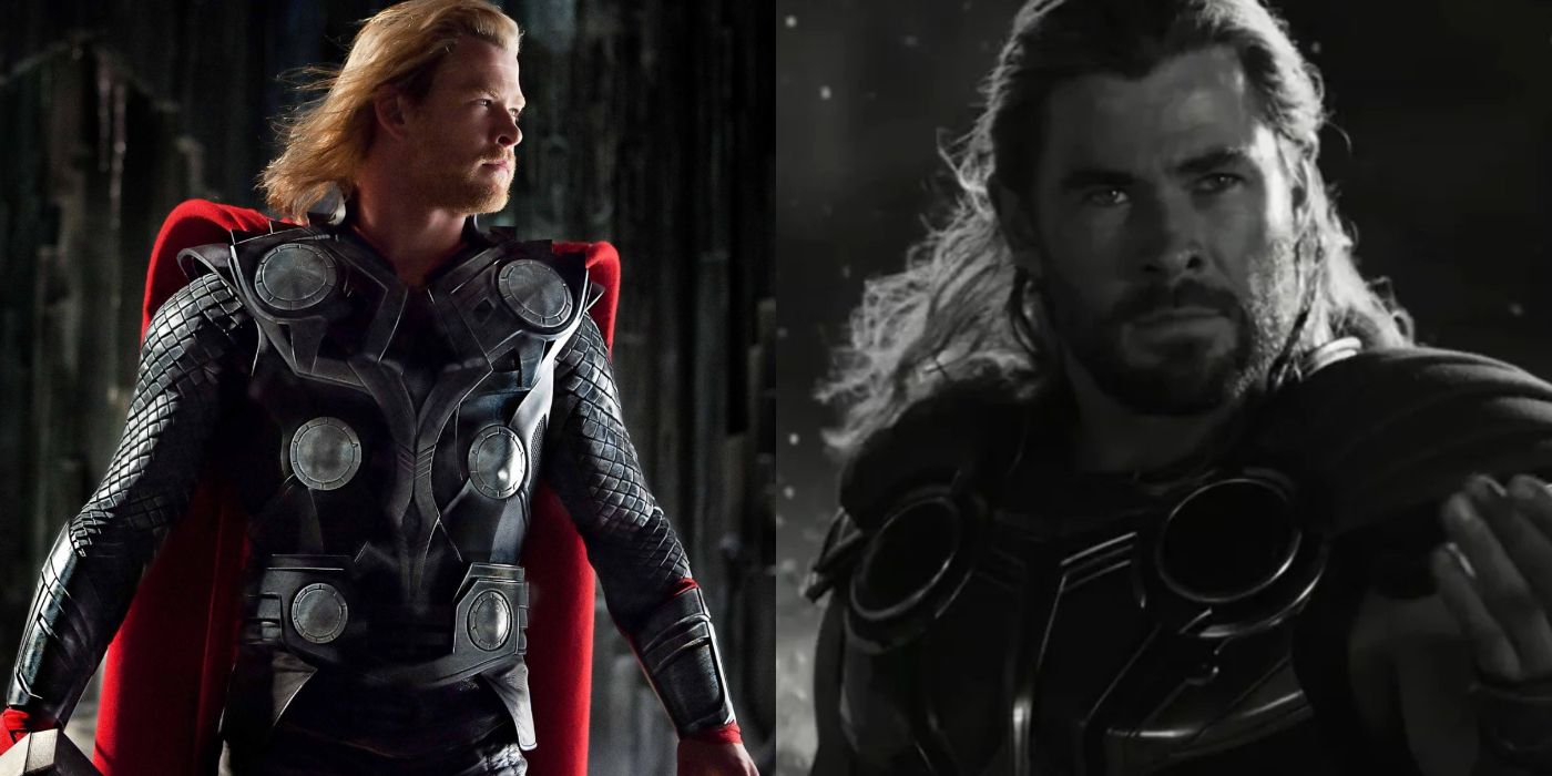 Split image of Thor in Phase 1 and Phase 4 in the MCU